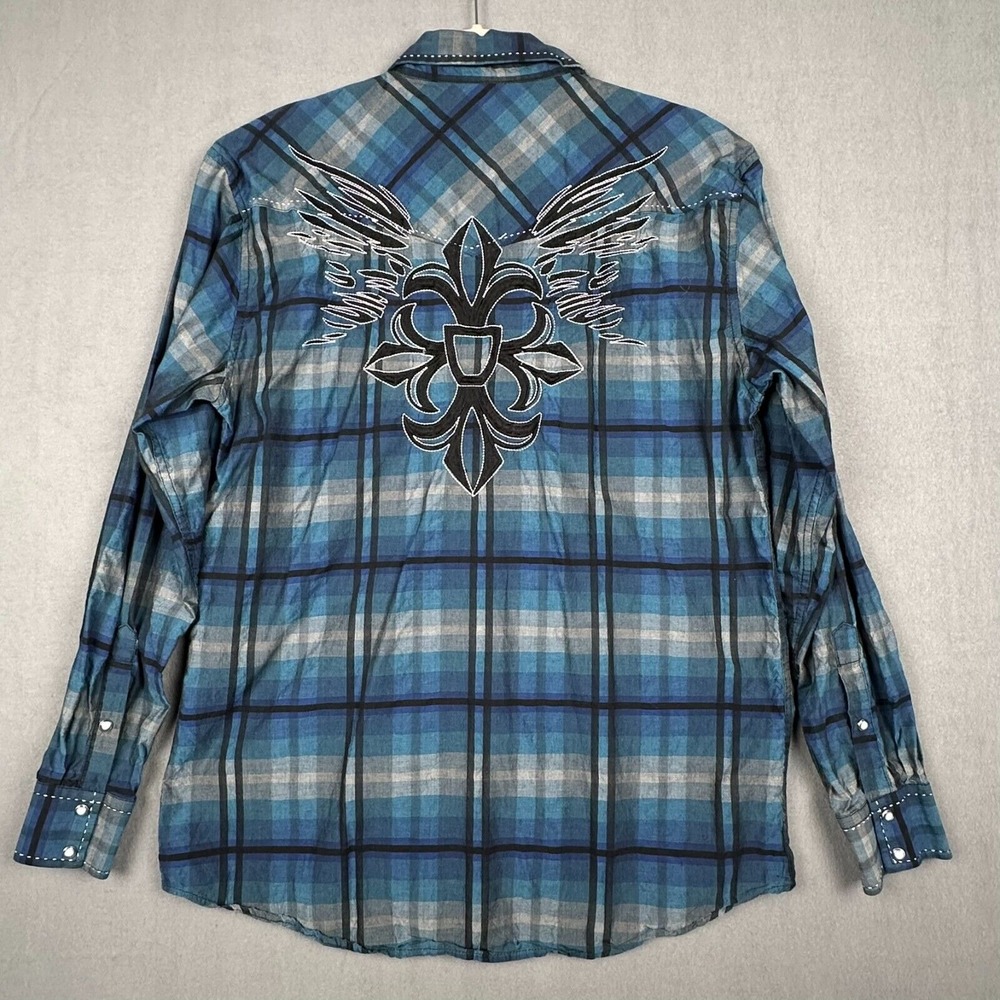 Red Ranch Pearl Snap Shirt XL‎ Blue Affliction Style Embroidered Y2K Western - Picture 4 of 14